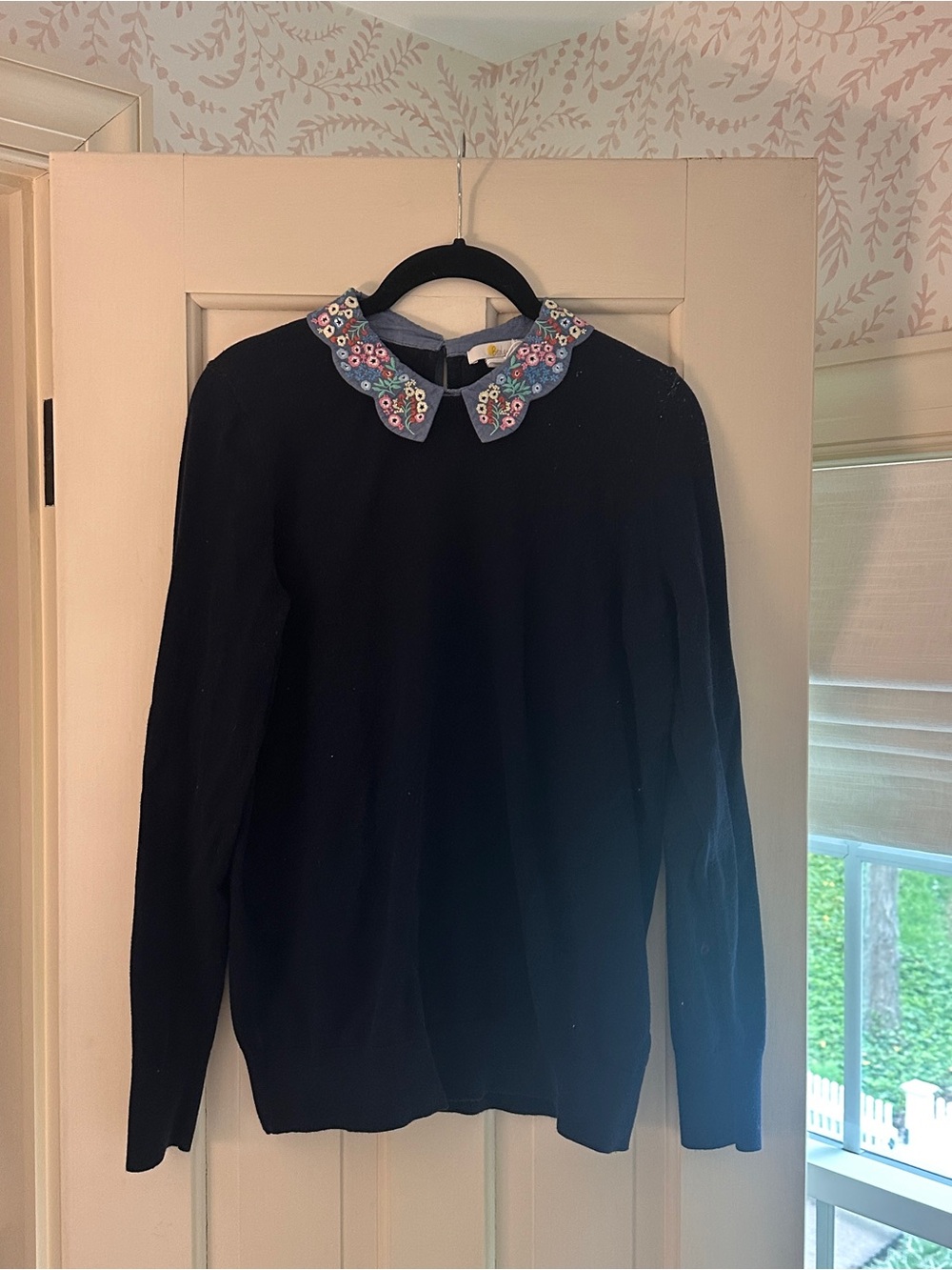 Boden Black Crewneck Sweater with Embellished Detachable Collar